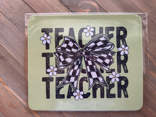 TEACHER CHECKERED BOW GREEN MOUSE PAD