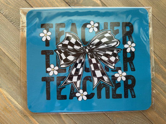 TEACHER CHECKERED BOW BLUE MOUSE PAD